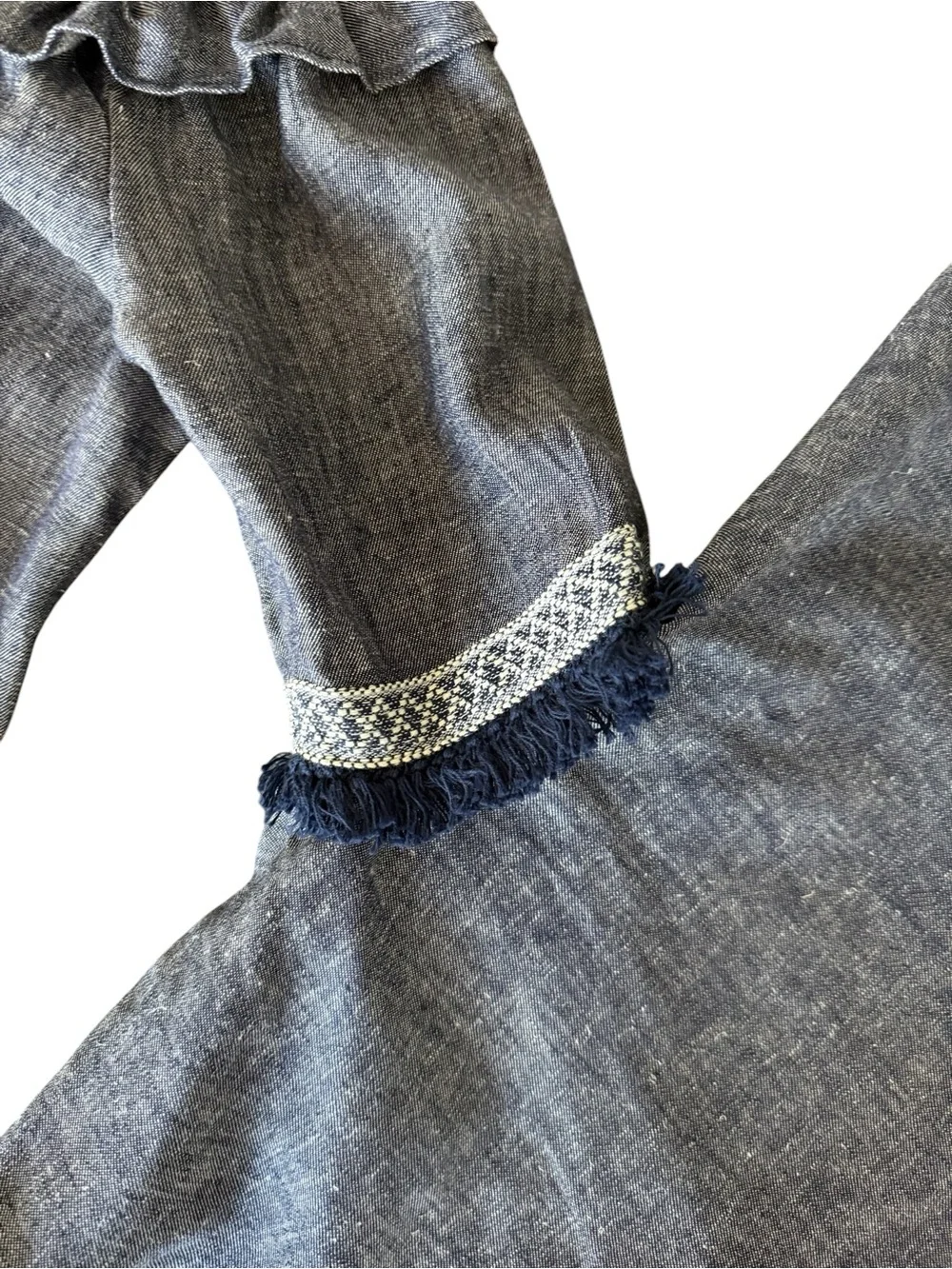 Hope & Harlow Linen Blend Off Shoulder Bell Sleeve Fringe Trim Denim Dress SZ 6